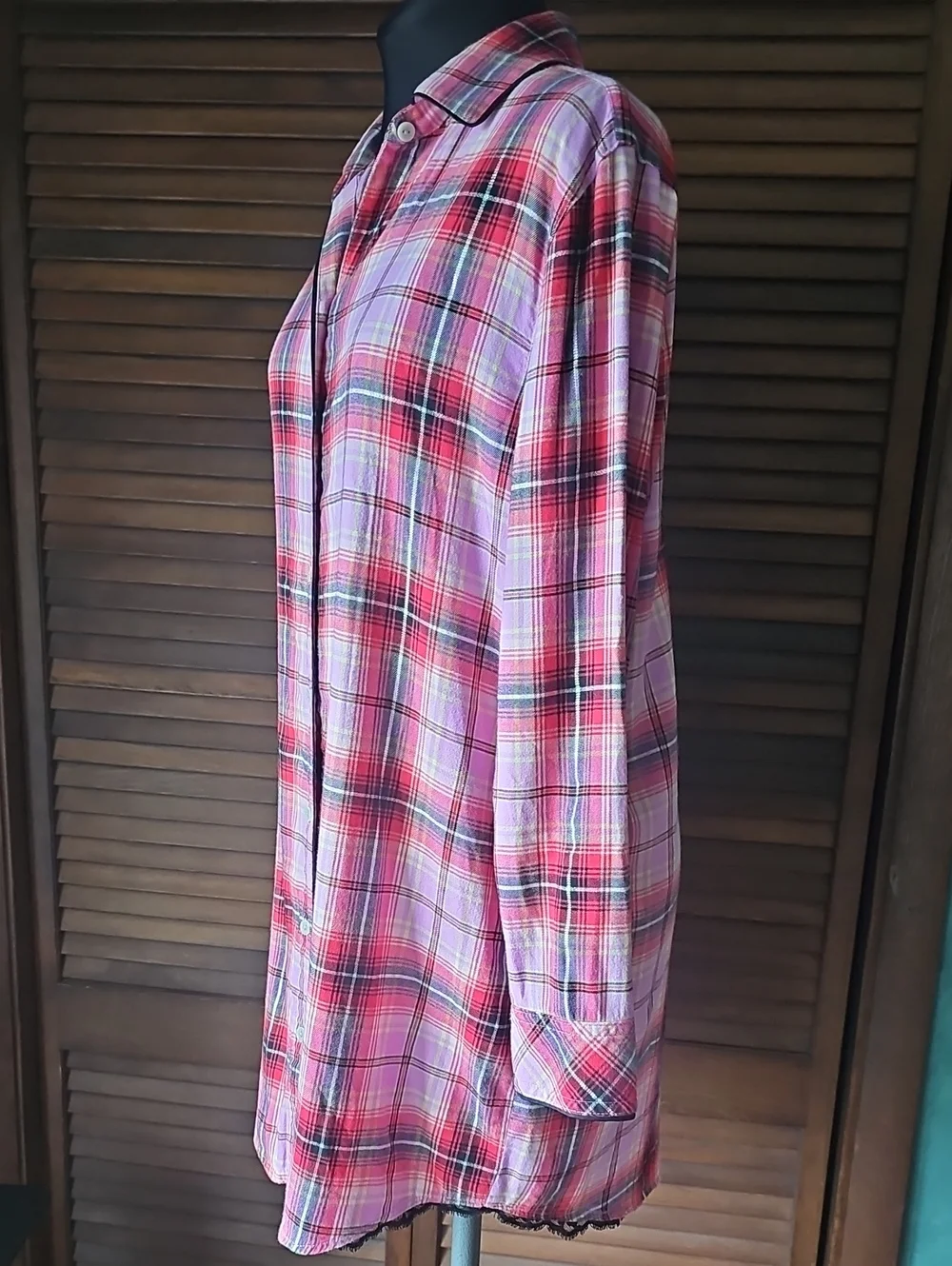 Victoria's Secret Long Slv Button Front Pink Red Plaid Flannel Sleep Dress Med